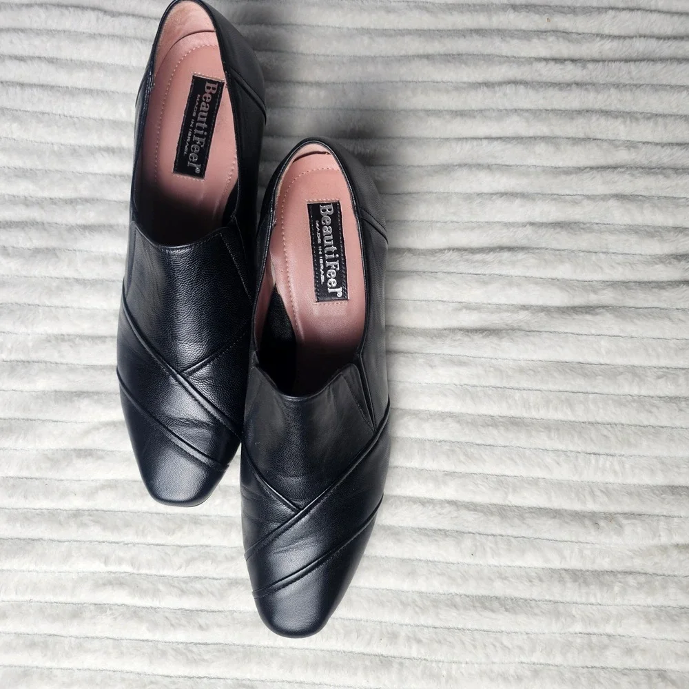 BeautiFeel Black Leather‎ Slip On Kitten Heel Pumps Shoes Office Career Luxury